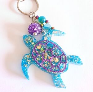 Teal blue purple glitter turtle keychain purse charm with agate beads new resin